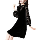 Fongt Velvet Dress Woman 2025 New Spring And Autumn Long Sleeves Chopped Flowers Retro Age-Old Light Style Chic Dress