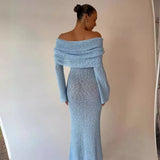 Fongt Color Beach Holiday Dress Knitted One-Word Long Dress Hooded Summer Women's Long Sleeve