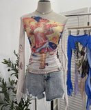 Fongt One-Shoulder Horn Long-Sleeved Mesh Yarn-Print T-Shirt With Short Tight Top 9915