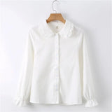 Arrival Solid Peter pan Ruched Collar White Shirt Lantern Sleeve Button Up Casual Brown Sweet Blouse Feminina Blusa