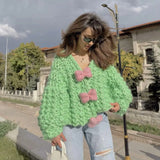 Fongt Bow Sweater Cardigan Jacket Languid Short Heavyweight Knitted Jersey Woman