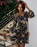 Fongt White Skirt V-Neck Chiffon Print Temperament Commuter Mid-Rise Long-Sleeved
