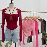 Sexy Hot Tie Tie With Hanging Neck Long-Sleeved Mesh T-Shirt Repair Short Open Fork Cuff Top