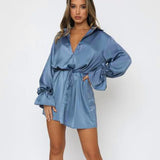Lapel Neck Shirt Dress Solid Color Single-breasted Long Sleeve Drawstring High Waist Straight Mini Dress Fall Spring