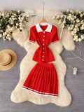 Fongt Style POLO Collar Short-Sleeved Top + High-Waisted 100-Folded Skirt Knitted Two-Piece Suit Woman