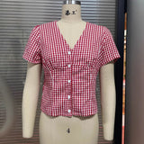 Fongt Short-Sleeved Plaid Shirt Top Spring And Summer Women's Clothing