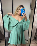 Fongt New V-Necked Long-Sleeved Dress Independent Design Bubble Sleeve Dress