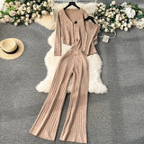Fongt Feel Set 2025 Spring Women's Metal Buckle Vest Knitted Open-Shirt Broad Leg Pants Fashion Three-Piece Set