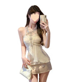 Fongt Women 2025 Summer New Sweet And Spicy Body Quality Hanging Neck Top + High Waist Slim Half Skirt Two-Piece