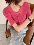 Fongt POLO Lapel Knit Cardigan Summer 2024 New Color Knit Short Sleeve Sweater Top-Outfit