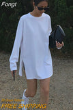 Split Fork Long T-shirt Women Casual Basic O-neck Long Sleeve Tee Shirt Autumn 2023