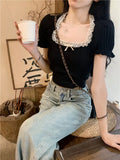 Collar French Bubble Sleeve T-Shirt For Summer New Lace Design Set In Black Short-Sleeved
