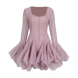 Fongt Temperament Dress Women 2025 Summer New Fresh Sweet Windwood Ear Mesh Splicing Design Short