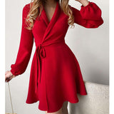 Fongt Women's Clothing 2025 New Temperament Commuting Collar Tie With One-Color Long-Sleeved Dress