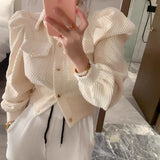 Women 2023 Autumn Winter Shirts Retro Cargo Style Pockets Long-Sleeved Shirt Puff Sleeve Bandage Nipped Waist Tops