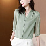Women's Blouse Sleeve Top V-neck Summer 2021 New Shirt Silk Solid Color Beaded Fashion Casual Satin Korean Style Female