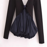 Fongt Women's New Flower Decoration V-Neck Black Long Sleeves Under The Top
