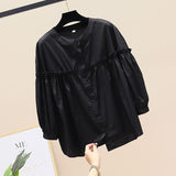 Fongt 2025 Spring And Autumn Korean Version Of The Round-Necked Women's Shirt Age-Old Doll Shirt Fashion Casual Thin Nine-Sleeved Lace Shirt