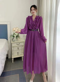 Fongt Autumn Station Temperament Retro Lotus Leaf Side Bubble Long Sleeve V Collar Thin A Word To Close The Waist 100-Fold Dress