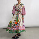 Fongt Women's Wear 2024 New Casual Personality Print V-Tie With Waist Long Sleeve Winter Dress