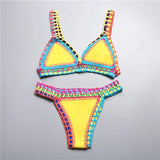2021 Hand Crocheted Bikini Knit Patchwork Women 2 Piece Swimsuit Halter Top Brazilian Bathing Suit Knitted Thong