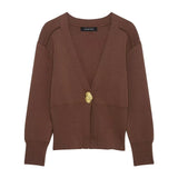 Fongt Temperament Metal Button Knitted Cardigan 2025 Spring Long Sleeve V Collar Short Coat Woman