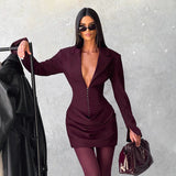 Fongt Women's Autumn And Winter New Temperament Solid Color V Collar Folding Waist Suit Dress