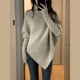 Fongt Winter Korean Version High Collar Hem Irregular Niche Design Sense Sweater Loose Lazy Wind Soft Waxy Knit Female Top-Outfit