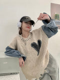 Autumn Winter Women Denim Patchwork Sweater Long Sleeve O-Neck Heart Pattern Knitted Pullovers Loose Stitching