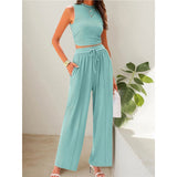 Fongt Summer Knitting Casual Suit Sleeveless Round Collar Short Repair Body Broad Leg Pants Two Sets