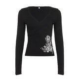 Fongt V-Neck Temperament Retro Print T-Shirt 2025 Autumn New Slim Long-Sleeved Top