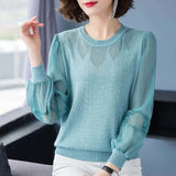 Chiffon Lace Patchwork Knitted Pullovers Women Spring Casual Loose Lantern Sleeve Knitwear Fashion Hollow Out Korean