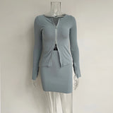 Ribbed Tops And Skirts Sets Autumn Two Pieces Sexy Zipper Full Sleeve White Matching