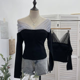 Fongt Edge Denim Spliced Letter Embroidered Sling Sling Vest T-Girls Short Top 23098