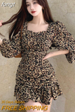Women Trendy Folds Vintage Puff Sleeve Slim Square Collar Popular Leopard All-match Sexy Ladies Vestidos Harajuku