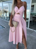 Fongt Summer New Fashion Socialite Deep V Hollow-Out Big Skirt Spread Slit Halter Dress Dress 23017-Outfit