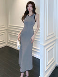 Shot South Korean Chic Summer High-Level Round-Collar Stripes Hit Color Splicing Bag Buttocks Slim Knitted Dress-Outfit