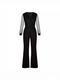 Women's Elegant Fashion Solid Color V-Neck Mesh Splicing High-Waist Pocket