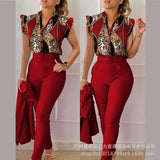 Series) 2023 Women's Red Print Shirt Pantsuit-With A Belt-Outfit