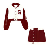 2023 New Casual 2 Piece Set Women Loose Hoodie Vintage Baseball Jacket High Waist Mini Skirts Two Piece