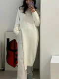 Women Dress Oversize Dresses Knitting Fall Sweater Women Dress Long Sleeve Knitted Dresses Maxi Vintage Thick White Maxi-Outfit