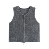 Fongt Collar Double Zipper Knitted Vest Vest 2025 Spring Loose Short Sweater Cardigan Woman