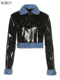 Fashion Casual Patchwork PU Leather Long Sleeve Turndown Collar Single Breasted Jacket For Women Cool Streetwear