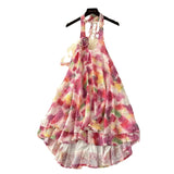Fongt Three-Dimensional Flowers Hanging Neck Slings Loose Short A-Shaped Dress Women's Lotus Leaf Side Vacation Skirt