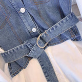 Autumn Casual Denim Patchwork Shirt Women's Clothing Commute Turn-down Collar Stylish Sashes Basic Single-breasted Blouse-Outfit