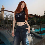 Fongt Summer Fashion Trend Women's New Slant Shoulder Repair Letter Hot Umbilical Vest