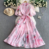 Fongt Retro-Print Collar Bubble-Sleeved Dress Women's Summer Straps To The Waists To Show A Thin Swollen Dress