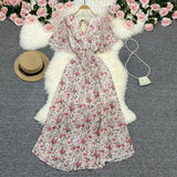Fongt Wind Temperament Sweet Broken Flower V Collar Dress Beach Vacation Snow Spinning A Word Long Skirt-Outfit
