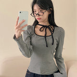Fongt Girl Wind Around The Neck Tidling Design Bow Long-Sleeved T-Shirt Temperament Striped Print Top