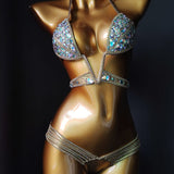 Deep V Bustier Open Straps Paded Bikini Sets Bling Stones Sparking Crystal Rhinestone Chain Swimwear Push Up